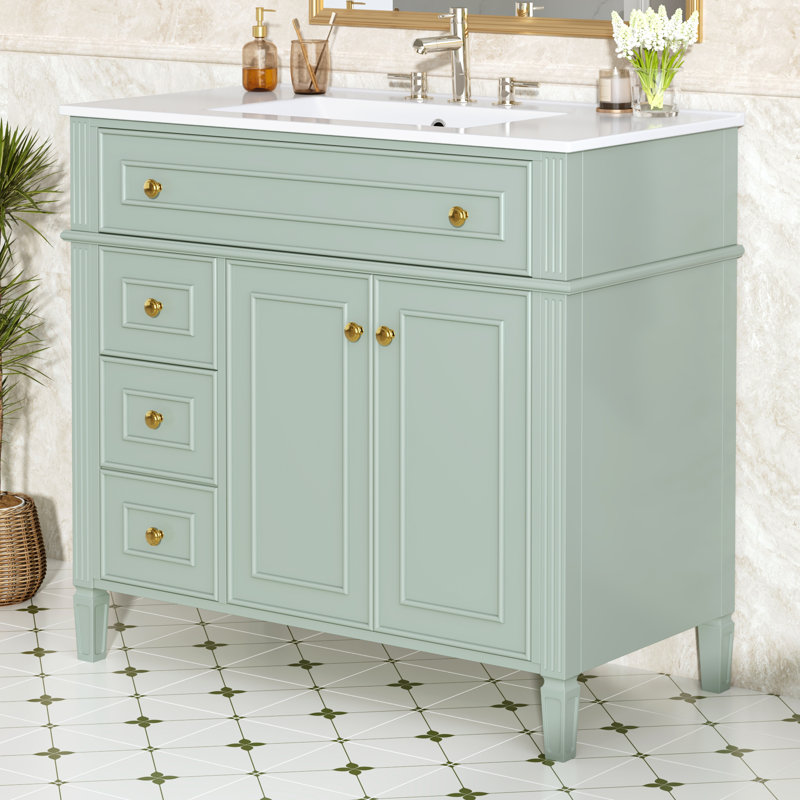 "Meuble-lavabo de 36 pouces avec lavabo, meuble-lavabo en bois massif blanc avec tiroir rabattable, 3 tiroirs et portes à fermeture en douceur, quincaillerie dorée moderne"