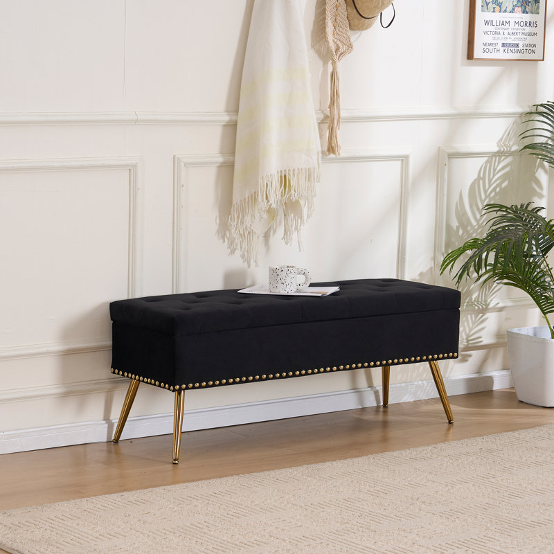 Banc repose-pieds en velours avec rangement, Noir, H 18 po x l 46 po x P 15,5 po