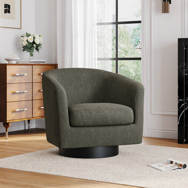Upholstered Swivel Barrel Chair With Solid Wood Base, Tan