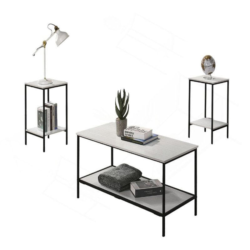 Ensemble de table 3 pièces de style rustique à finition blanche 1 table basse 2 tables de bout style minimaliste