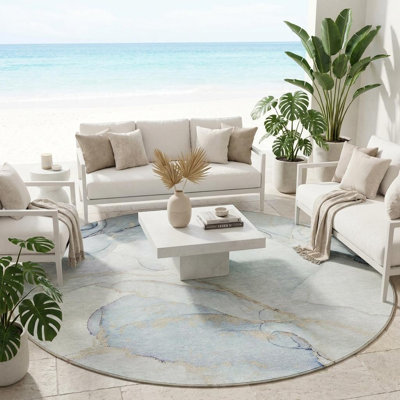 Tapis extérieur rond lavable et antidérapant rond 8 pi beige et bleu
