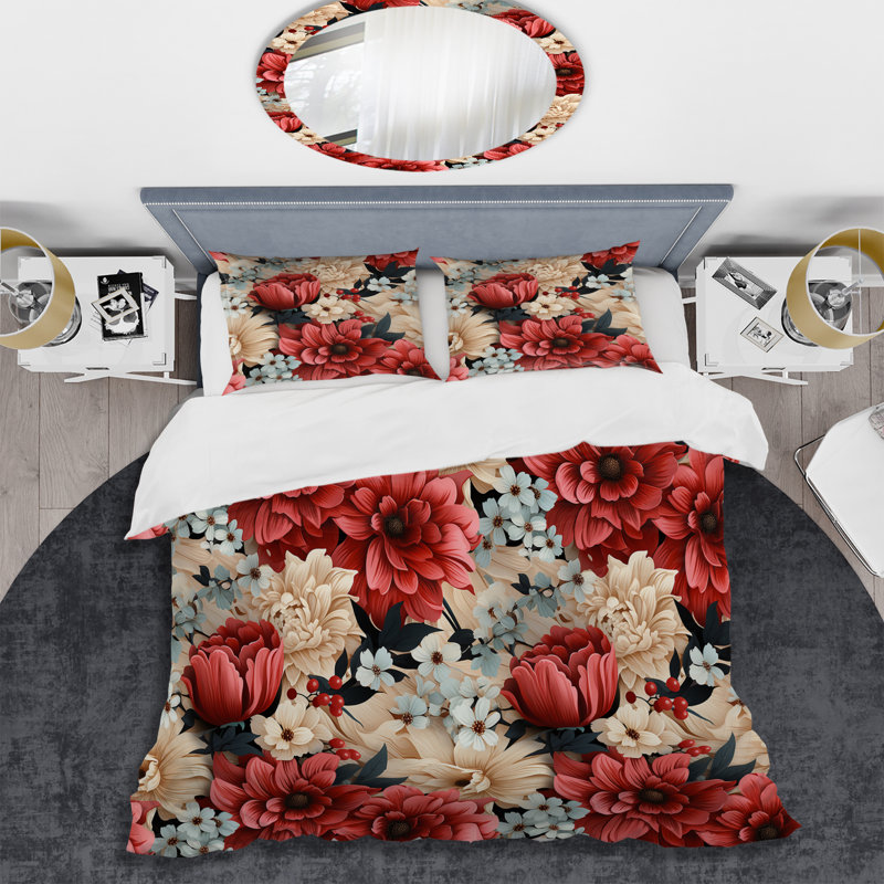 Ensemble de housse de couette Coral Gingham Charm Floral Pattern, Housse de couette pour très grand lit et 2 très