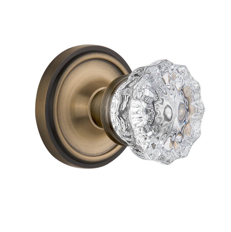 Classic Rosette with Crystal Door Knob, Antique Brass, 2-3/8"