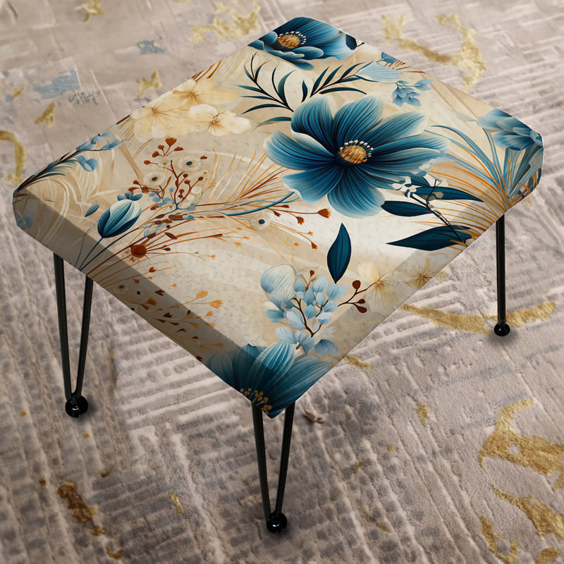 Beige And Blue Escape Flowers - Floral Rectangle Ottoman