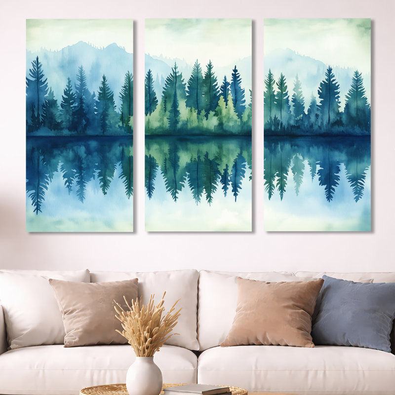 «Forest River Reflection I - Mountain», art mural 3 pièces, H 40 po x l 60 po, Toile tendue