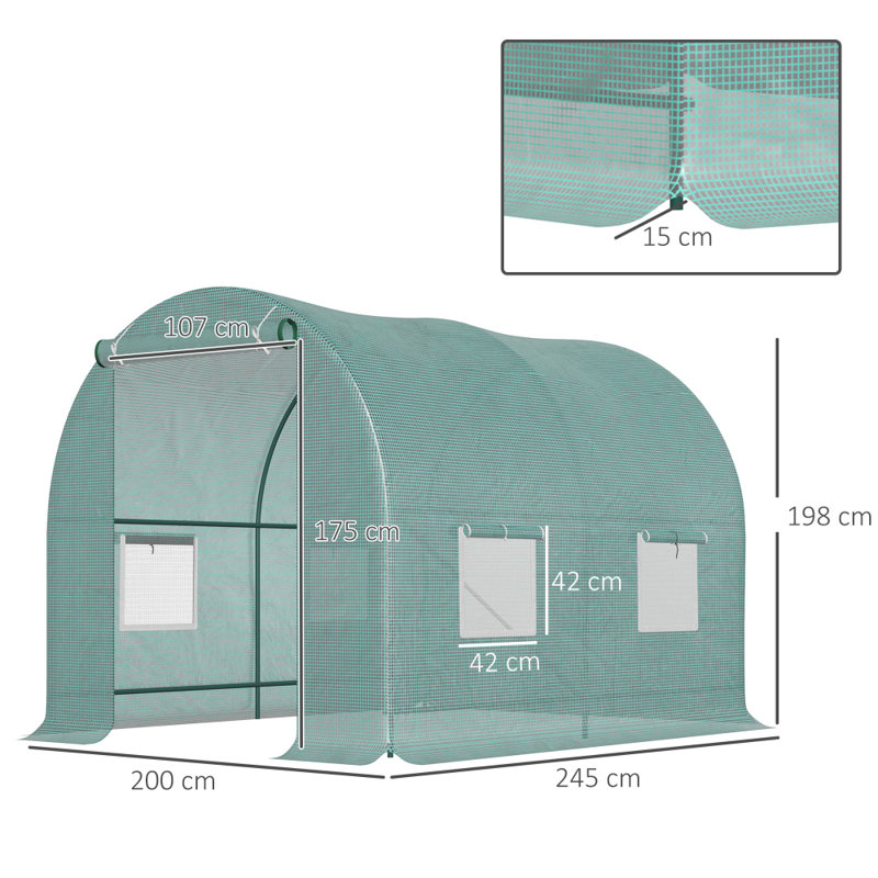 Walk-In Polytunnel Greenhouse with Large Roll-Up Door & Windows