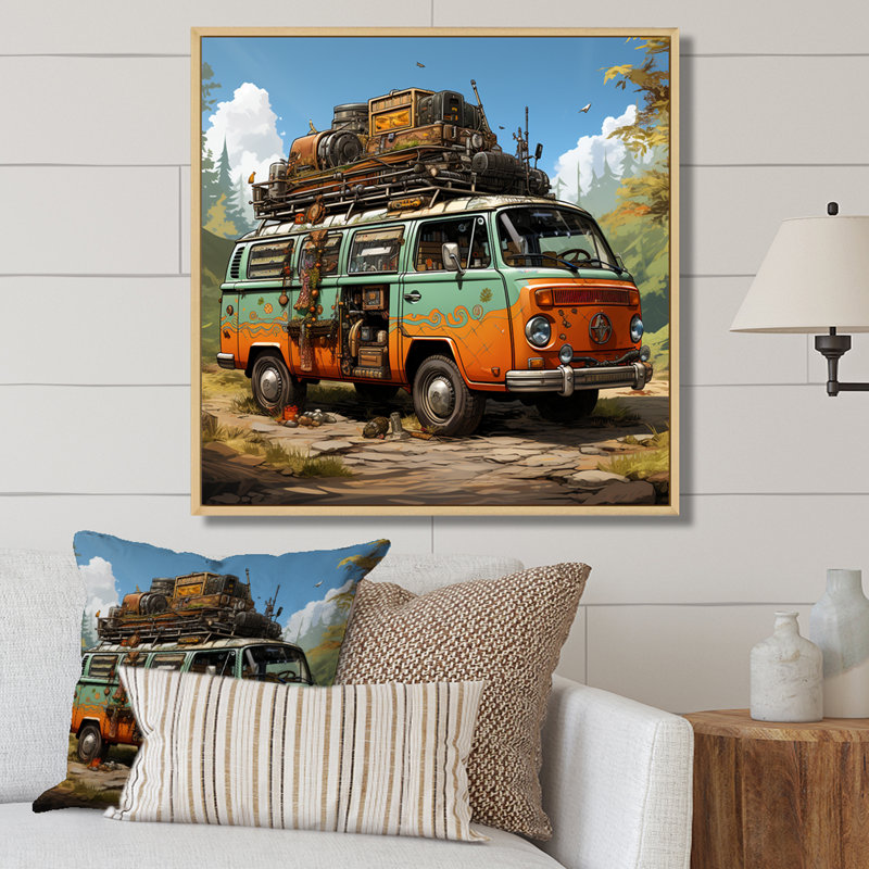 Explorers Haven Camping Van Adventure - Art mural de voyage en camping, H 36 po x l 36 po x P 1,5 po, Cadre flottant brun