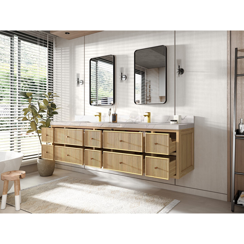 Sonoma 84'' Light Natural Teak Double Floating Vanity with Quartz Top