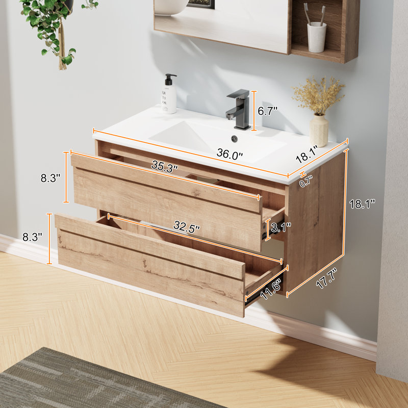 Jadaya Sharee 36" Wall Mounted Bathroom Vanity Set with Sink Top, Faucet, Floating Cabinet, EPA Certified, Oak