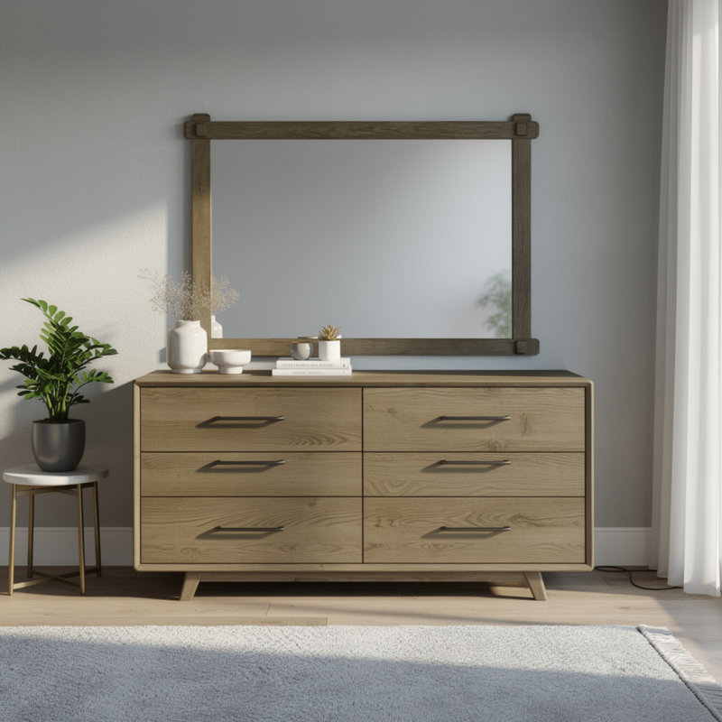 Miroir de commode Cera, menuiserie carrée, chêne blanc antique, 37 x 49