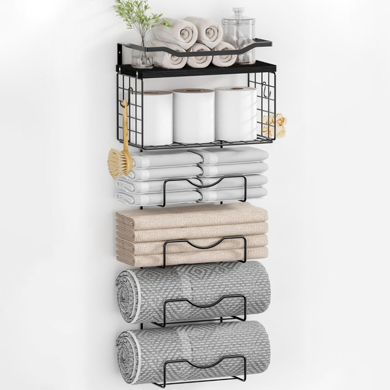 Porte-serviettes mural à 6 niveaux avec tablette, double usage pour serviettes roulées / pliées, Black