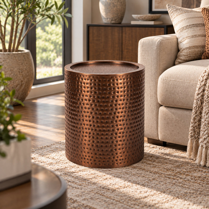 Table d'appoint ronde avec fini cuivre et design en fer martelé, Cuivre