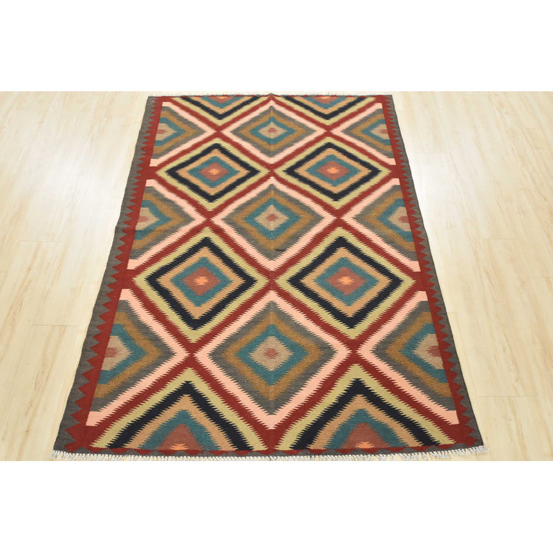 Tapis rouge / bleu / noir en laine noué à la main de conception unique 4 pi 8 po x 6 pi 1 po