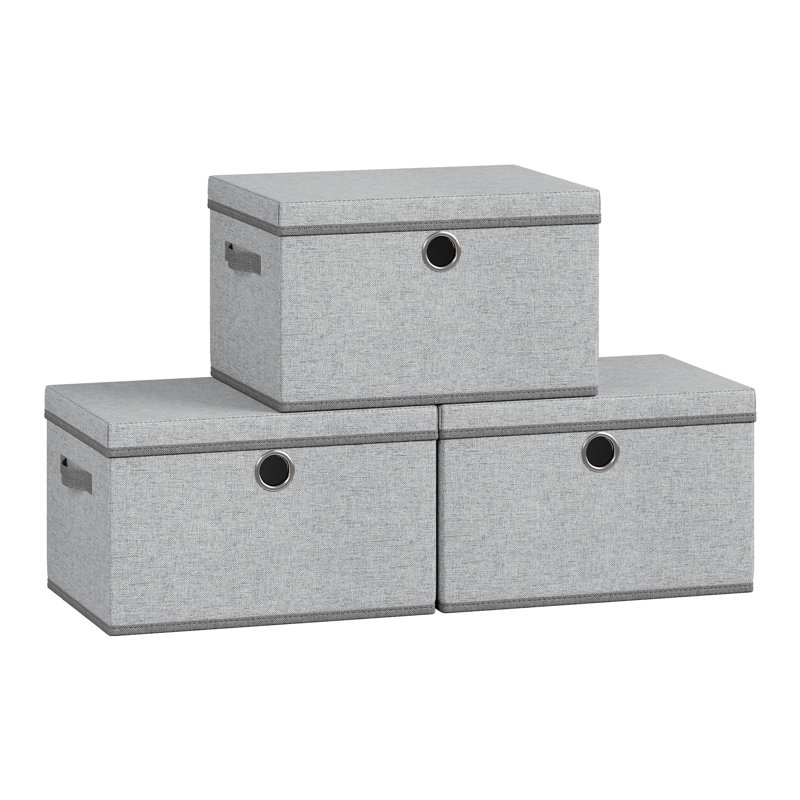 Cube Storage Boxes with Lids, 3 Pack Fabric Organiser Baskets, Odourless PP Sheets, Foldable and Stackable, with Handles, Dove Grey