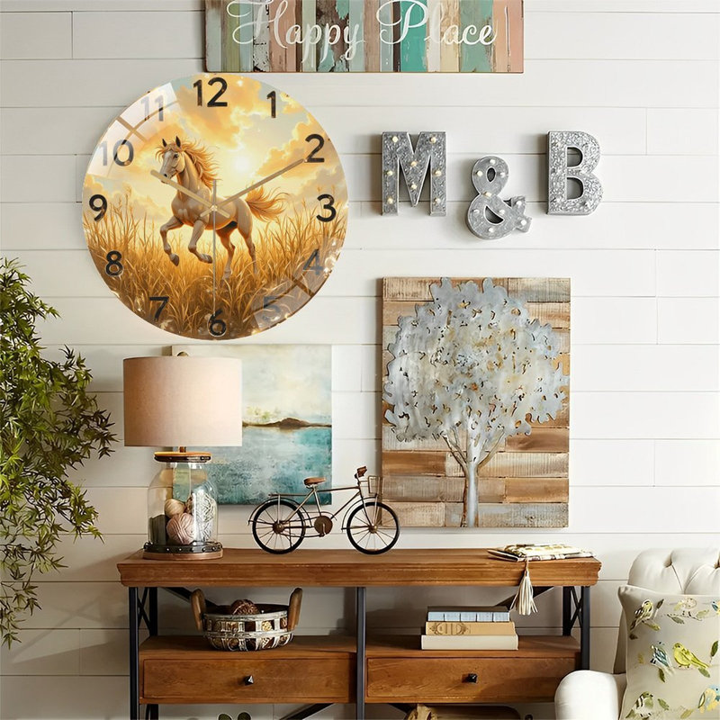 Horloge murale cheval de course pour décoration murale - Horloge murale moderne en verre 12 po