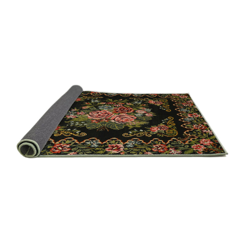 Tapis floral noir / vert / rouge, Rond 3 pi