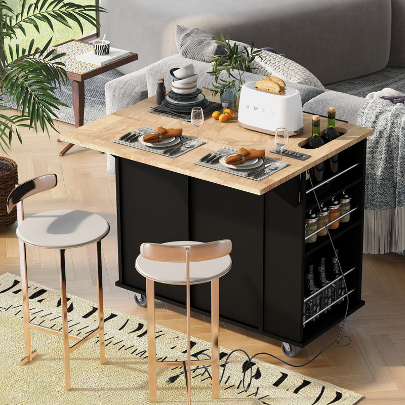 Kitchen Island With Power Outlet,Kitchen Storage Island With Drop Leaf And Rubber Wood,Open Storage And Wine Rack,5 Wheels, Kitchen Island