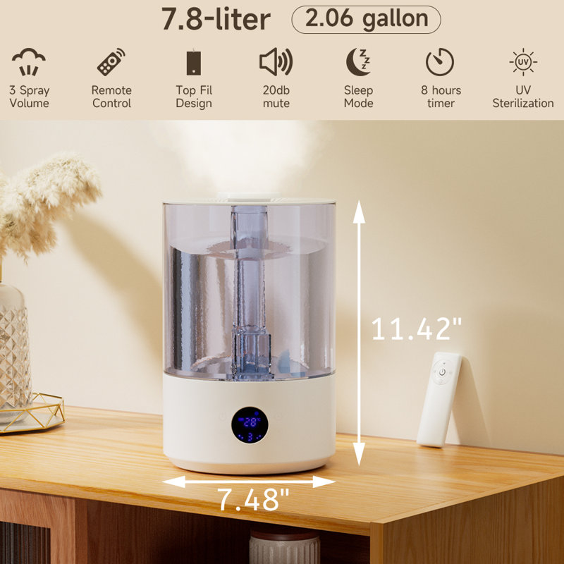 Humidificateur ultrasonique de table à vapeur froide 2,06 gallons avec stérilisation UV pour 600 pieds carrés Pi.