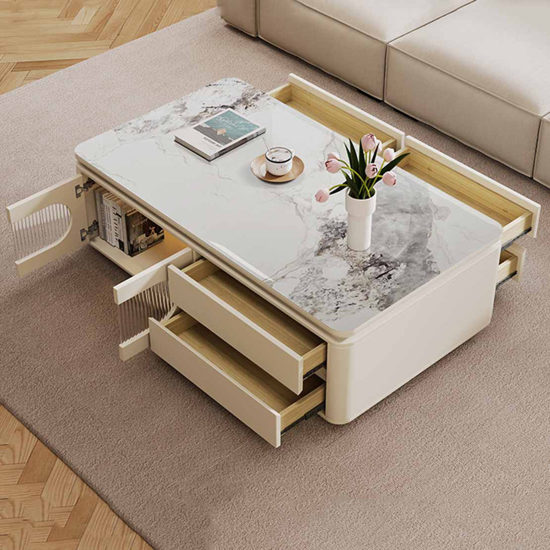 Rectangular storage rock slab coffee table, White/Grey, 21.7" H x 47.2" L x 25.6" W, Cream White