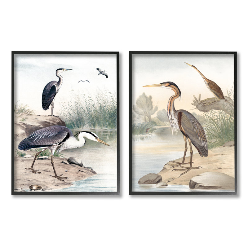 «Elegant Heron Birds Forager River Edge Scene» par Piddix - ensemble de 2 impressions sur toile flottante