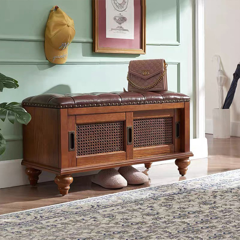 Banc rembourré en cuir véritable brun noisette, H 17,72 po x l 39,37 po x P 14,96 po