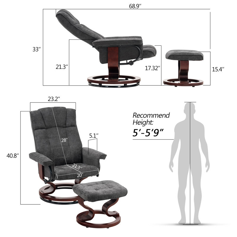 Averyann  Swivel Recliner With Ottoman, Manual Recliner Chairs With Wood Base, Chenille Fabric, Gray Chenille