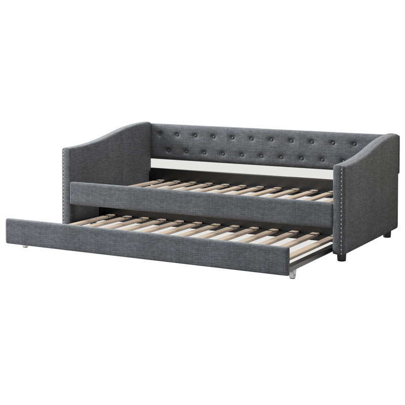 Lit de jour simple gris foncé avec lit gigogne et capitonnage avec boutons capitonnés et clous cuivrés, Gris foncé