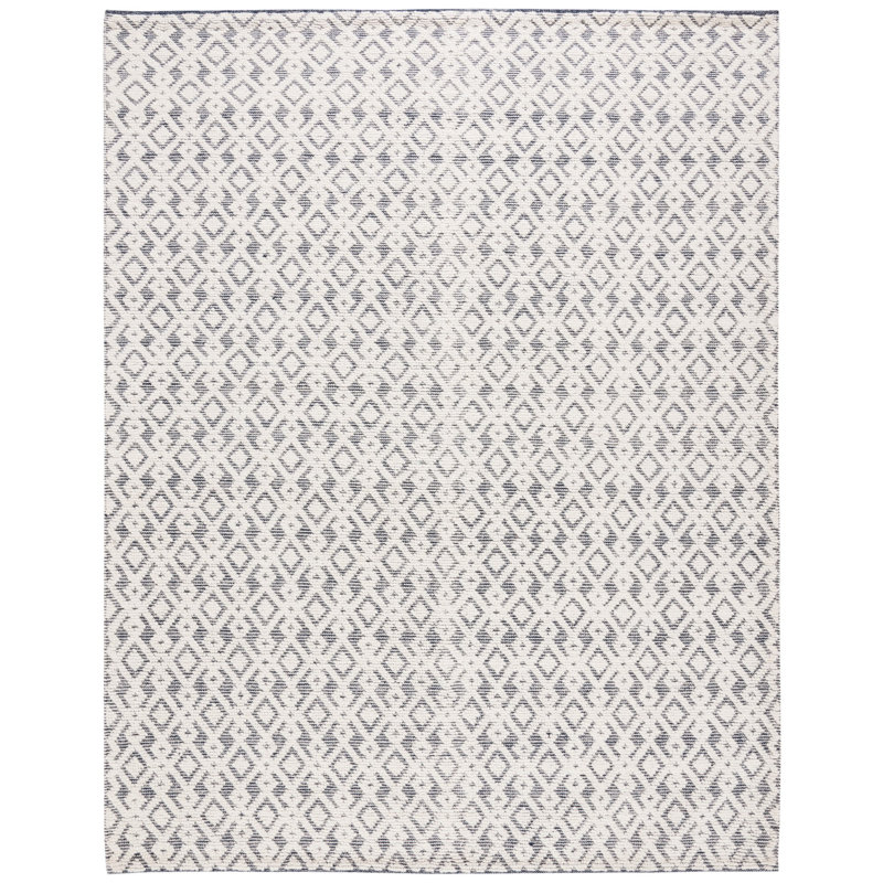 Burhardt Geometric Handwoven Ivory/Navy Area Rug, Rectangle 9' x 12'