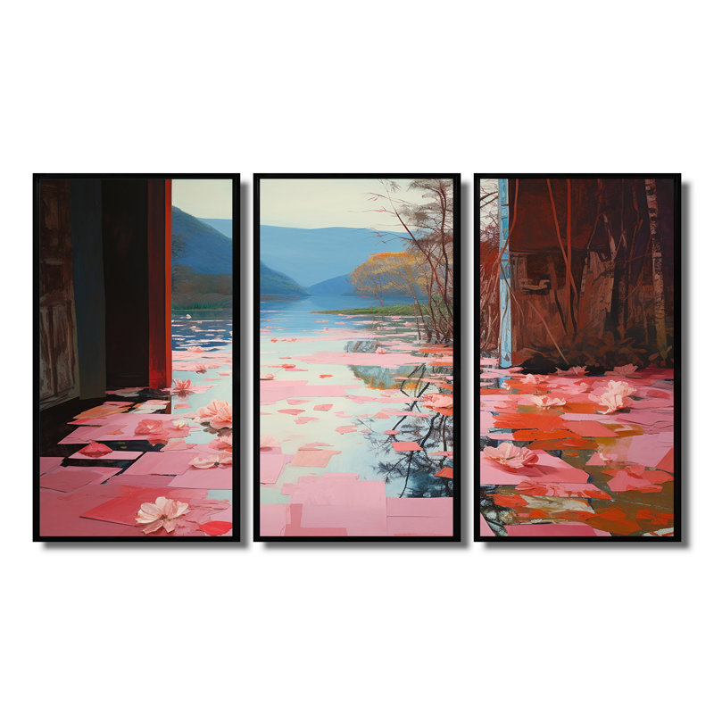 Ensemble de salon mural Serene Pink Lotus Lake - paysage abstrait, Cadre flottant noir, H 28 po x l 36 po x P 1 po