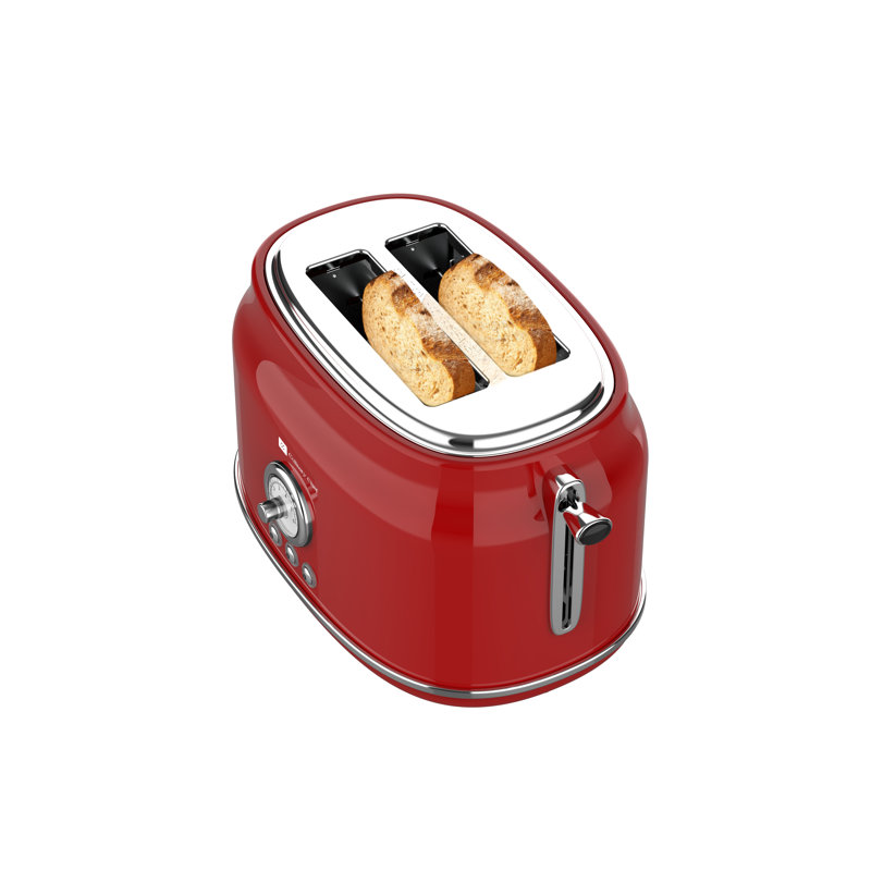 Retro Red Stainless Steel 2-Slice Toaster with Wide Slot
