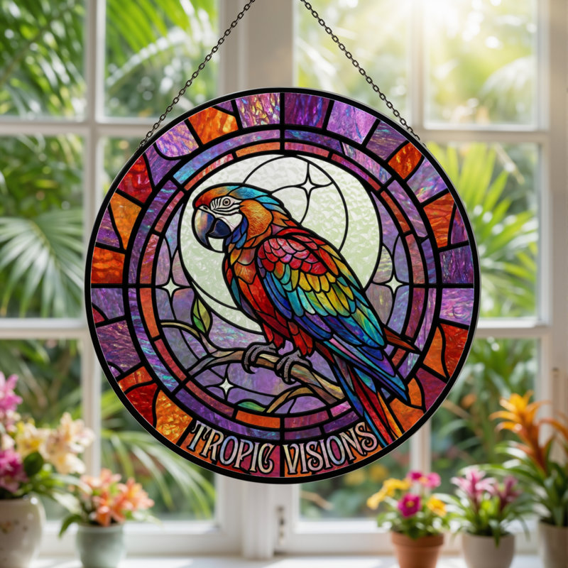 Panneau de vitrail de perroquet tropical 12 "H 12", H 12 po x l 12 po