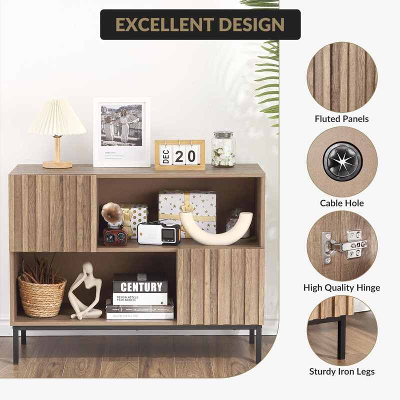 Wave Pattern Oak Buffet Cabinet with Metal Legs – Semi-Open Sideboard for Living Room, Dining Room, Entryway Storage