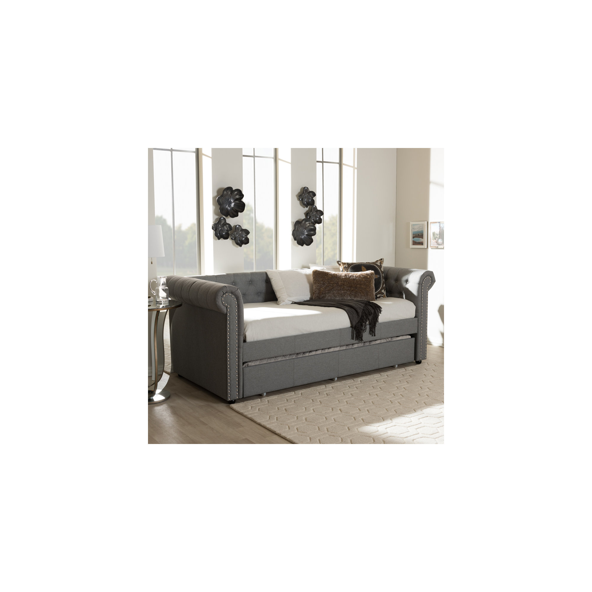 Mynard Upholstered Daybed with Trundle - Twin, Gray