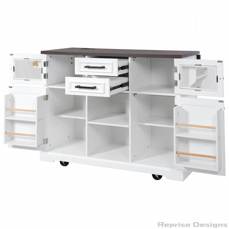 54.9" Kitchen Island with Drop Leaf, Power Outlet, White