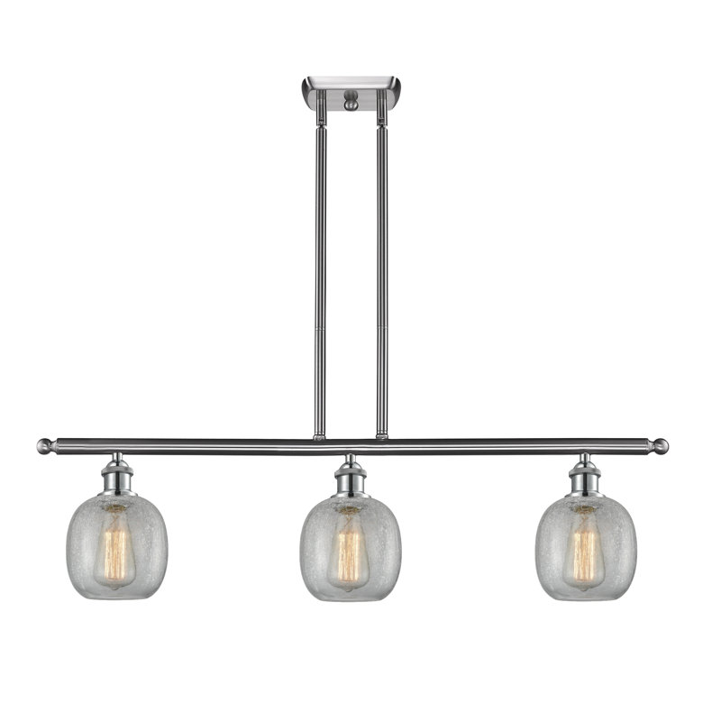 Luminaire suspendu linéaire pour îlot de cuisine 3 lumières Carlucci, Nickel satiné brossé, Transparence craquelée