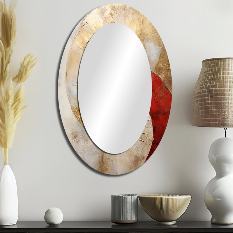 Beige rouge minimalisme spirales poteries I - grand miroir spirales abstraites, miroir mural décoratif moderne, art imprimé en métal