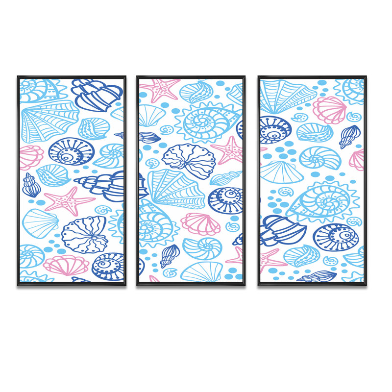 " Red Sea Stars With Blue Seashells " 3 - Pieces, Black, 28" H x 36" W x 1" D
