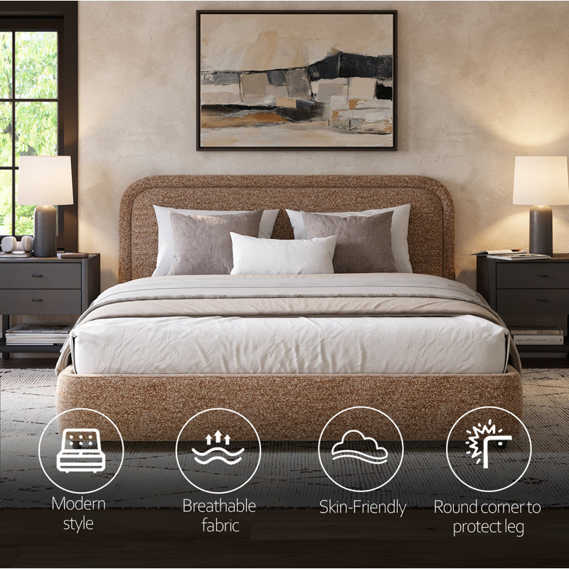 Modern Bed Frame with Rounded Corners and Headboard, Low Profile Platform, Queen, Brown