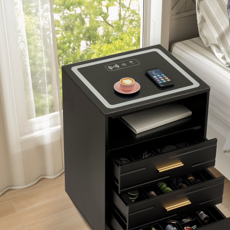  Led Nightstand With Wireless Charging, Smart Bedside Table With Drawers & Usb & Type-c Charging Ports, Black