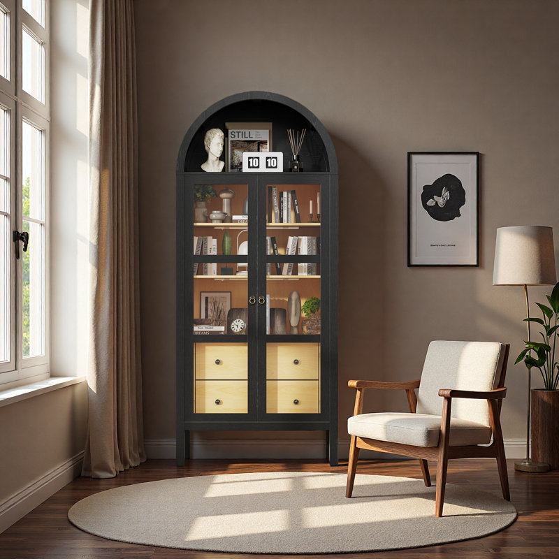 Armoire de style campagne moderne arquée avec portes en verre, armoire de rangement de 72 po de hauteur à capteur automatique de lumière avec tablette réglable en hauteur et bibliothèque à 2 tiroirs