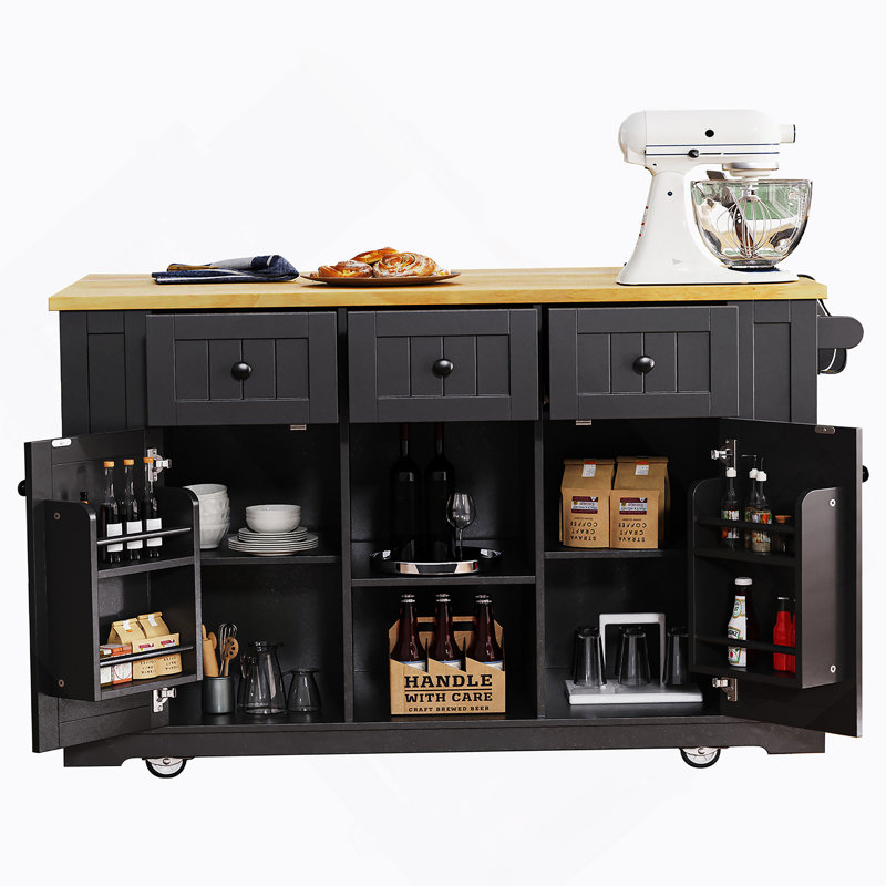 53Inch Large Kitchen Island With Drop Leaf, Power Outlet, Door Internal Storage Rack, Rolling Kitchen Cart On 5 Wheels With 5 Open Side Racks For Kitchen, Dining Room,Black(Not Include Bar Stools)