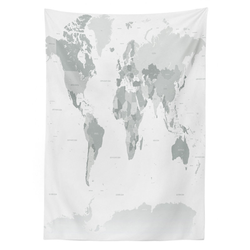 Ambesonne Grey Tablecloth, Detailed World Map With All Countries Major Capital Cities Universe Earth Continents, Rectangular Table Cover For Dining Room Kitchen Decor, 52" X 70", Grey White