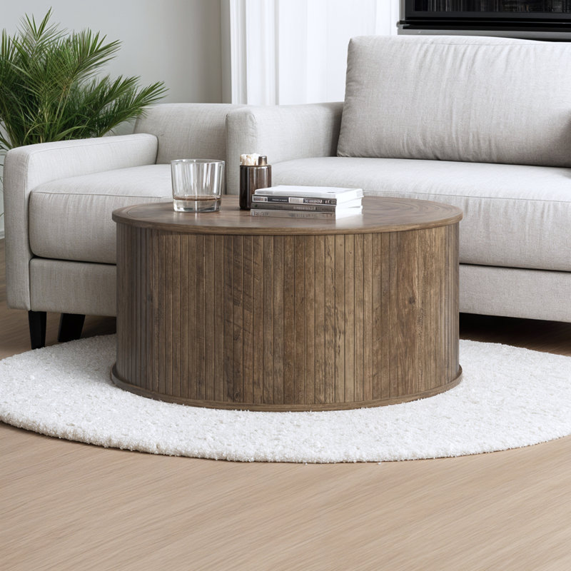 Aurel Modern Fluted Round Living Room Coffee Table, Brown