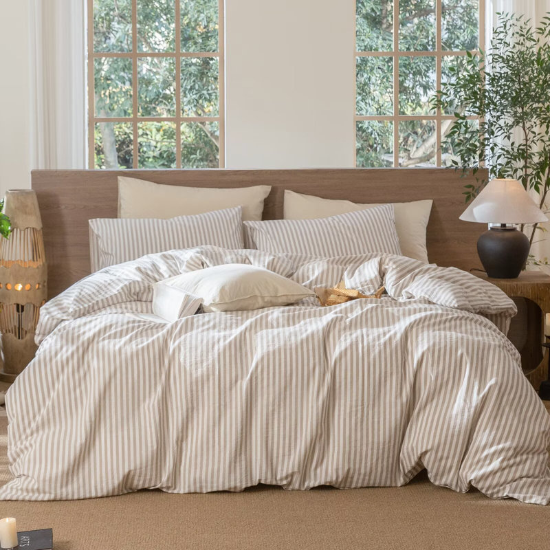Ensemble de housse de couette à rayures 100% coton lavé MooMee, Rayures classiques - Lin tanné gris / blanc