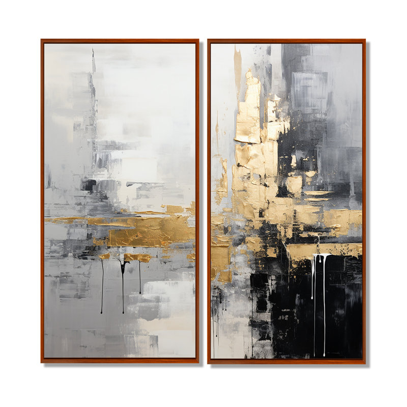 Or, ville dorée, blanc, gris, noir - Grandes impressions sur toile abstraites, 20" H x 24" W, Impression encadrée flottante