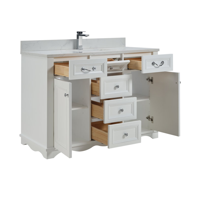 Meuble-lavabo simple 48 po en bois massif avec plateau en marbre d'ingénierie de 1 po, Blanc