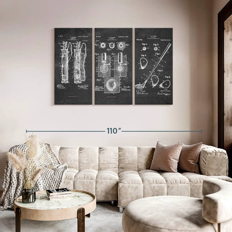 Ensemble de 3 pièces de brevet de golf sur toile, H 48 po x l 74 po x P 1,25 po