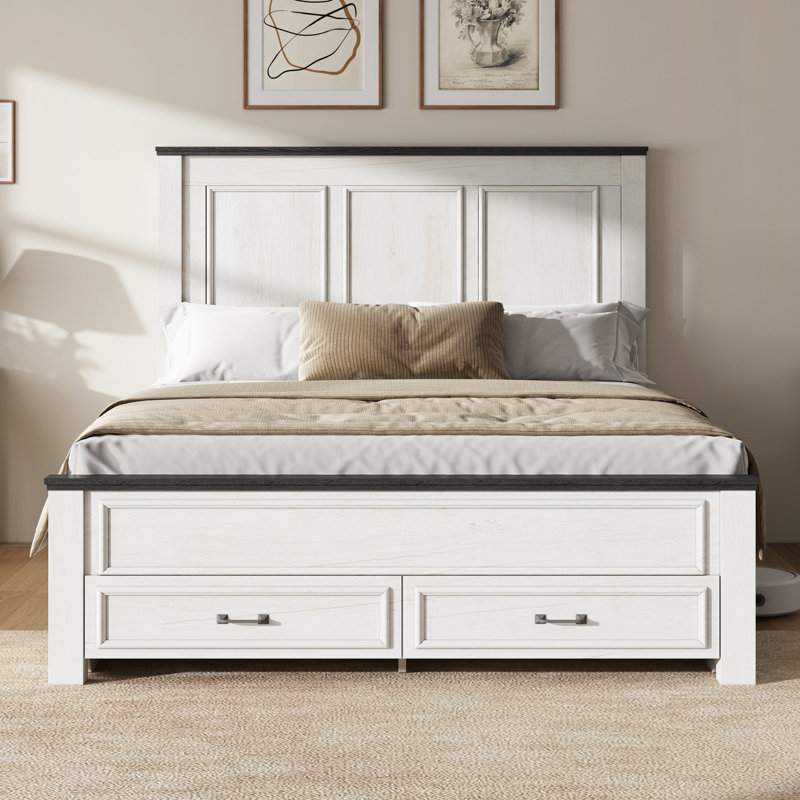 Farmhouse Wood Queen Platform Bed Frame with 52.2" Tall Headboard, Large Storage Drawers, Cream, Queen, Cream
