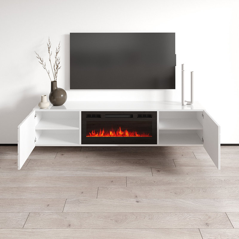 Gofried 72" Modern TV Stand with Electric Fireplace, High Gloss Finish, Wall-Mounted, White
