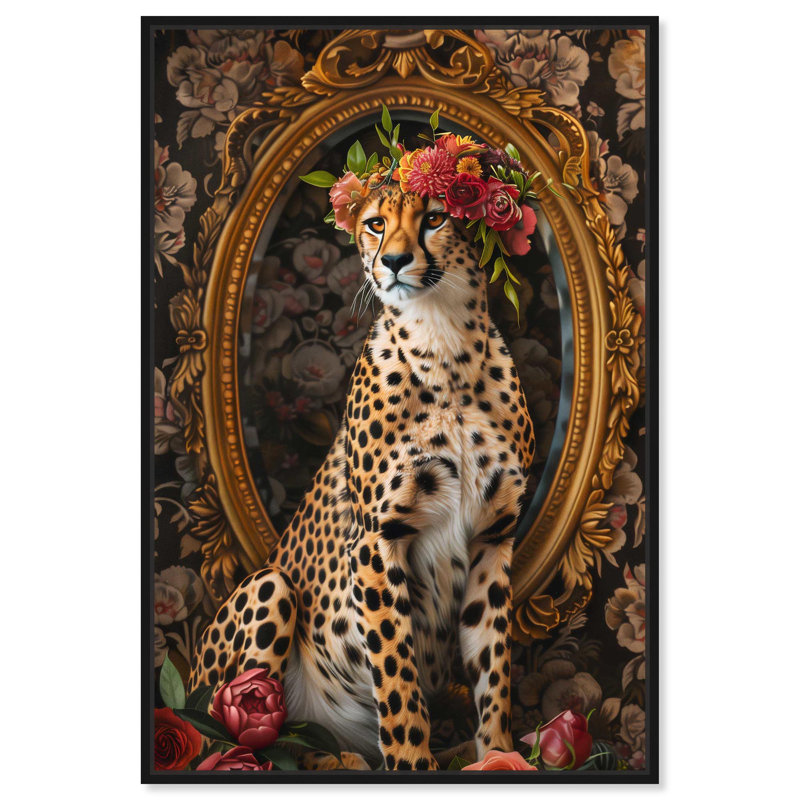 Art Remedy, art moderne sur toile, miroir guépard, Cadre flottant noir, H 55 po x l 37 po